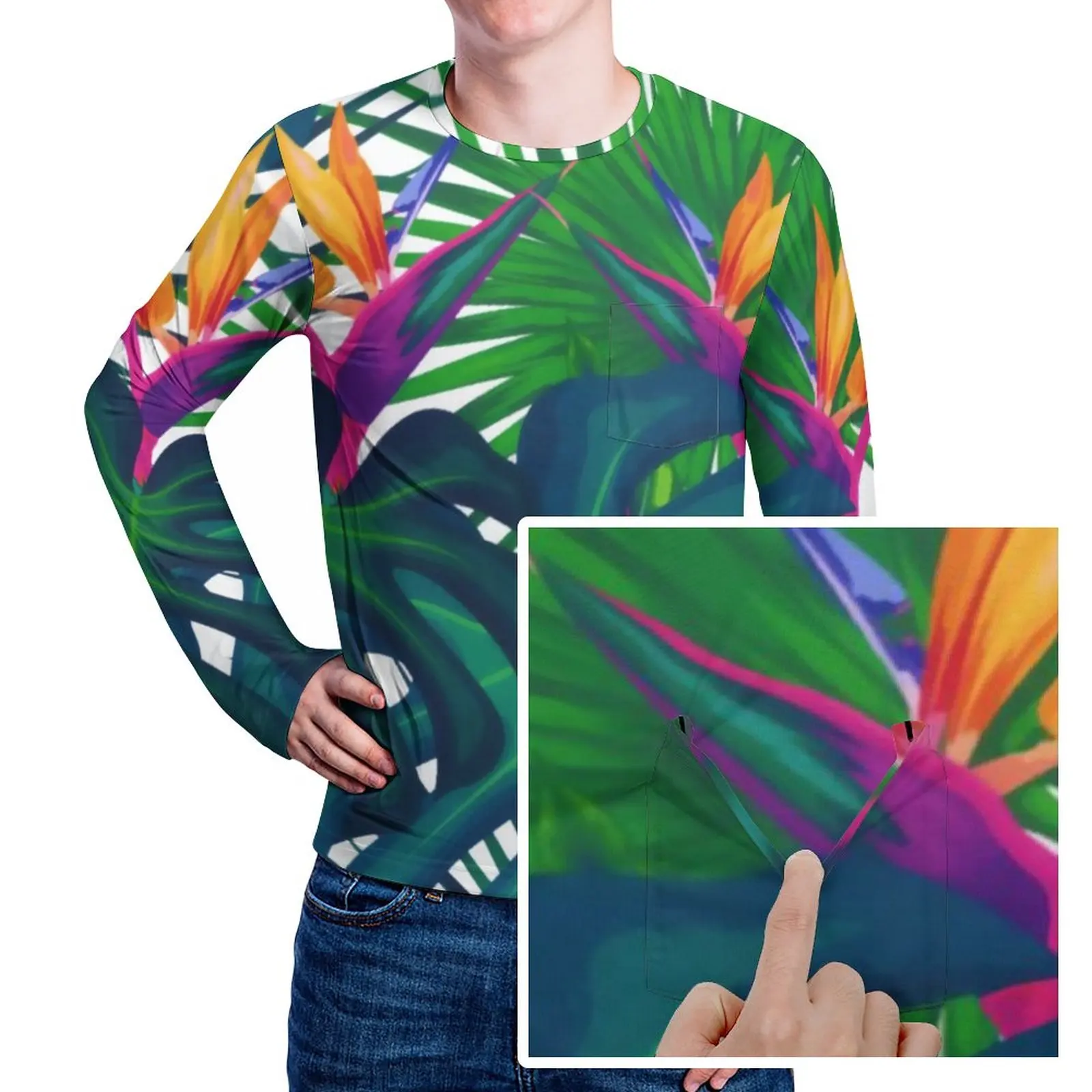

Футболка мужская с принтом листьев джунглей, забавная тенниска с тропической зеленью, популярная осенняя одежда оверсайз с длинным рукавом и графическим принтом