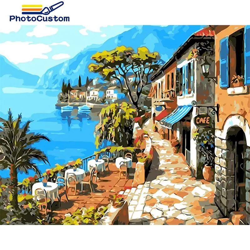 

PhotoCustom DIY Diamond Painting Kit Seaside house Tree Diamond Embroidery Landscape Home Decoration Wall Art