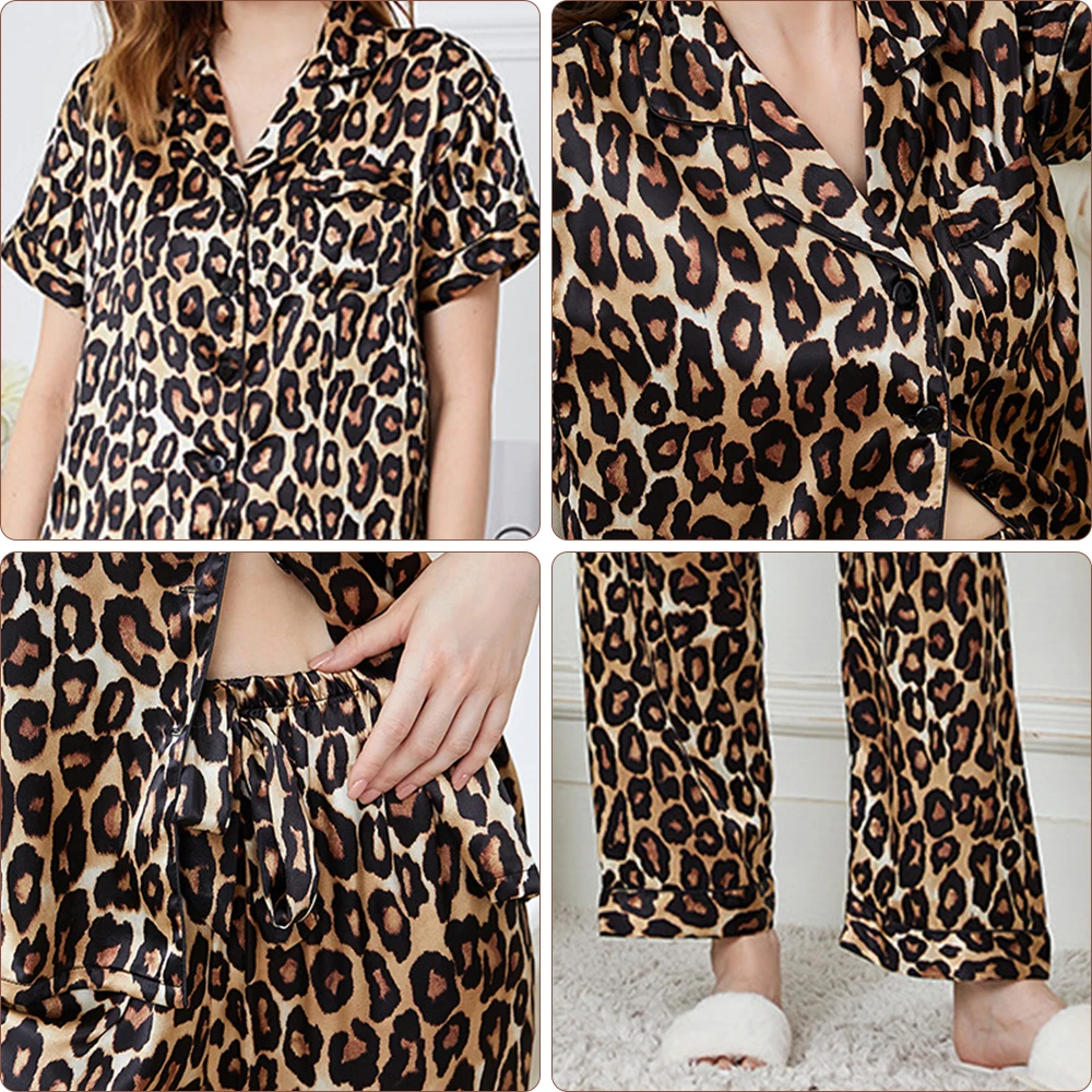 Four Seasons Pajama Loose Comfortable Stylish Sexy Leopard Print Home Furnishing Women's Ice Silk Short Sleeve Casual Pajama Set
