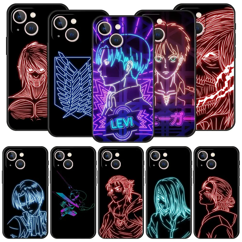 

Attack On Titan neon Phone Case For Apple iPhone 11 14 Pro MAX 12 13 Mini 7 8 Plus X XR XS MAX SE Silicone Black Cover Luxury