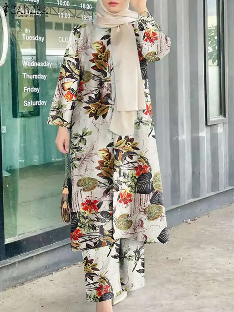 

Fahion Muslim set two pieces ZANZEA Women Casual Loose Outifits Vintage Floral Printed racksuits Long Sleeve Blouse Pant Sets