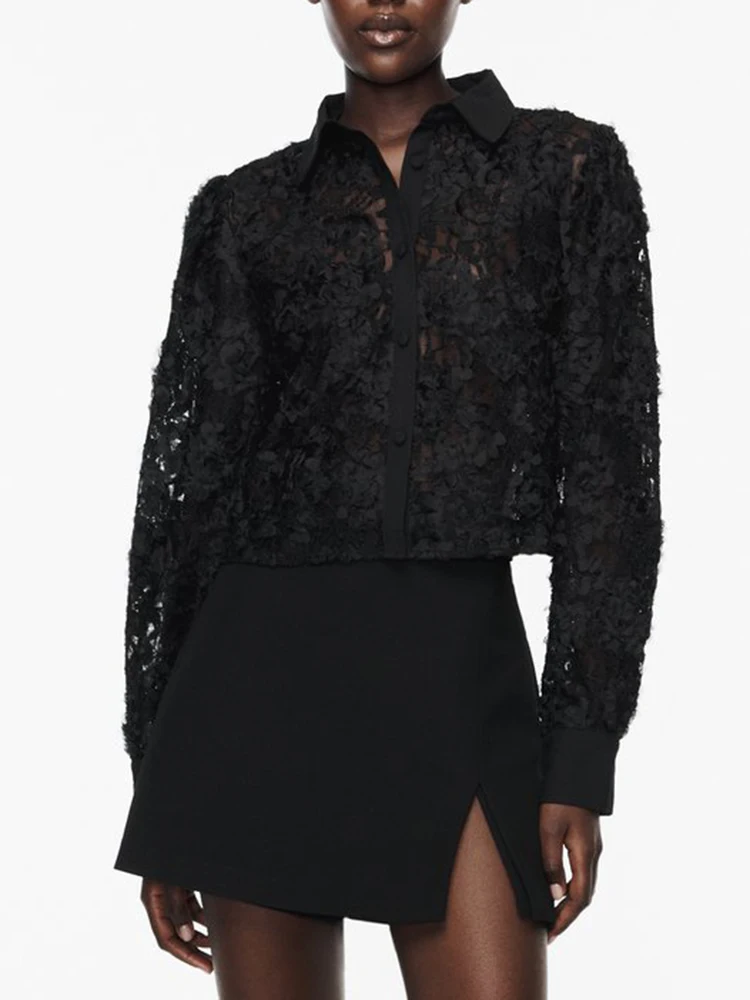 

Женская прозрачная Укороченная рубашка с цветочным рисунком, с отложным воротником и длинным рукавом, на пуговицах, Повседневная винтажная короткая блузка
