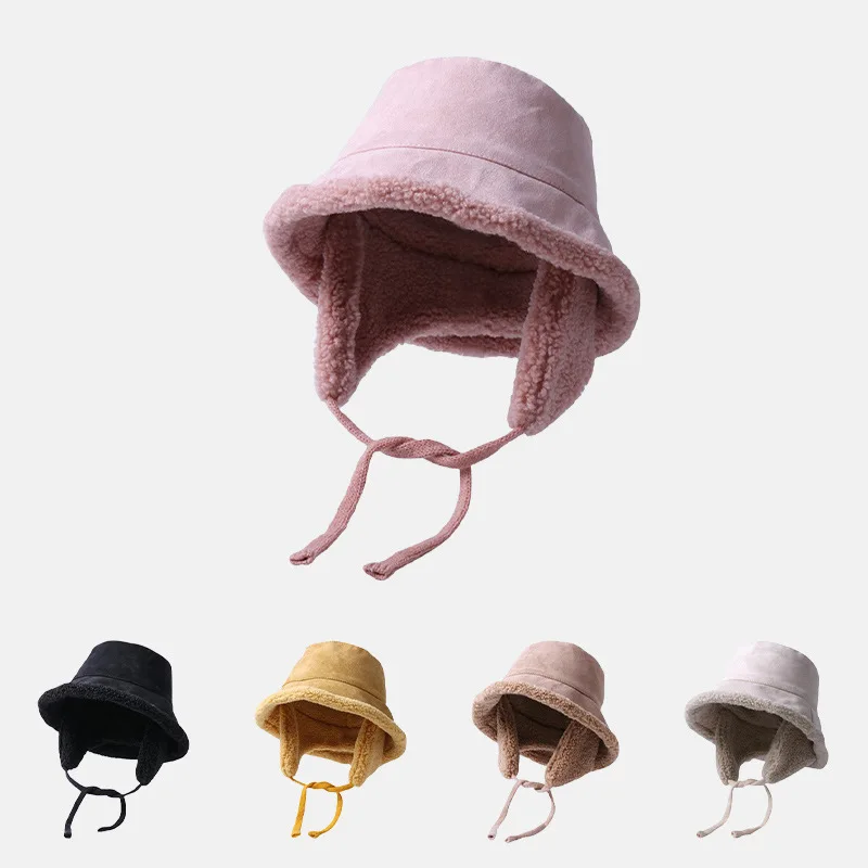 

Autumn and Winter Korean Double-sided Bucket Hat Women Outdoor Japanese Lambwool Basin Hat Men Cycling Ear Protection Warm Caps