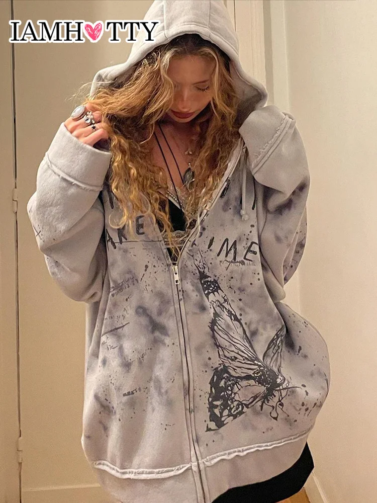 

IAMHOTTY Tie Dye Butterfly Print Zip Up Hoodie Women Vintage Casual Hooded Sweatshirt College Style Hip Hop Jacket Autumn Coat