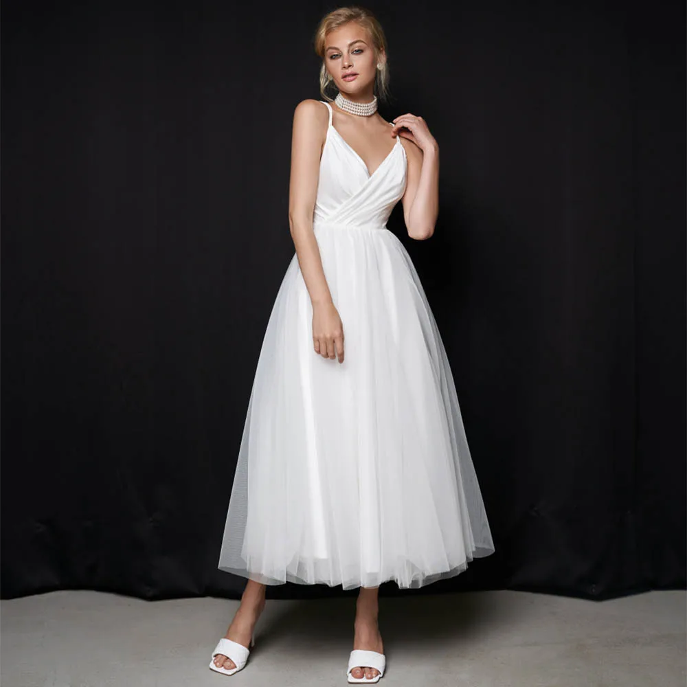 

Short Wedding Dress A Line Spaghetti Straps V Neck Backless Tea Length Sexy Wedding Gowns Zipper-up Midi Bride Reception Gown