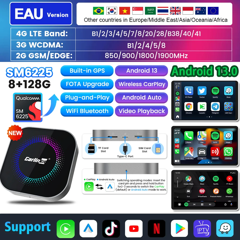 

128G CarlinKit Wireless CarPlay QCM6225 Проводной и беспроводной адаптер CarPlay с автоматическим подключением автомобиля AI BOX Plug & Play для Youtube Netflix