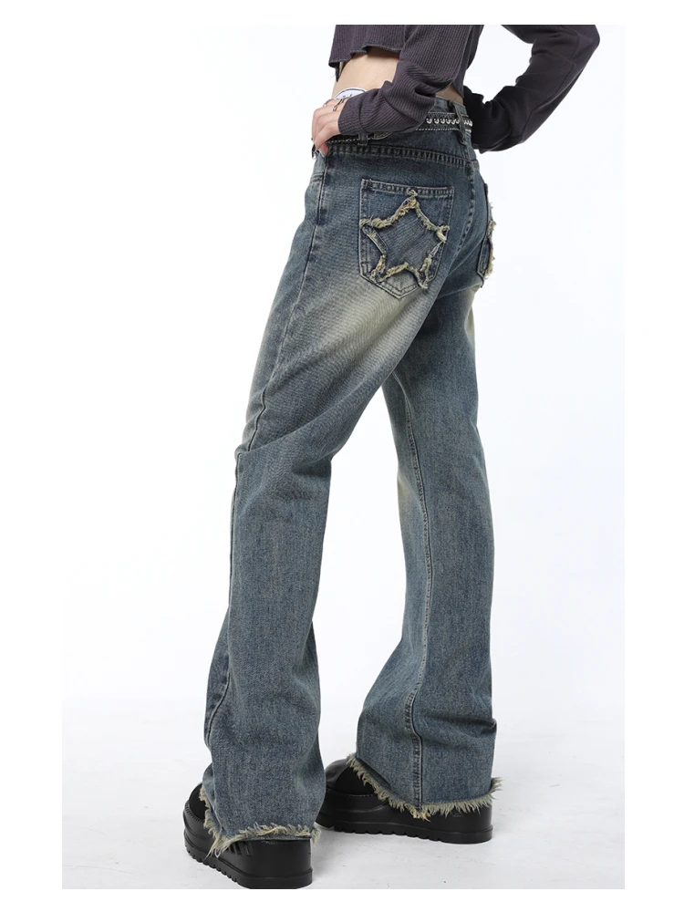 

Stars Washed Retro Blue Jeans Women's Spring Autumn New Sports Street Style Unisex Wide Leg Burr Denim Trousers Female