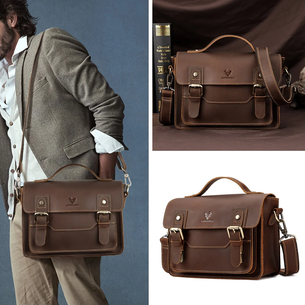 Crazy Horse Leather Messenger for Men Vintage Shoulder Laptop Office Bags Large Capacity Male Bolas Crossbody Tote Bags Travel