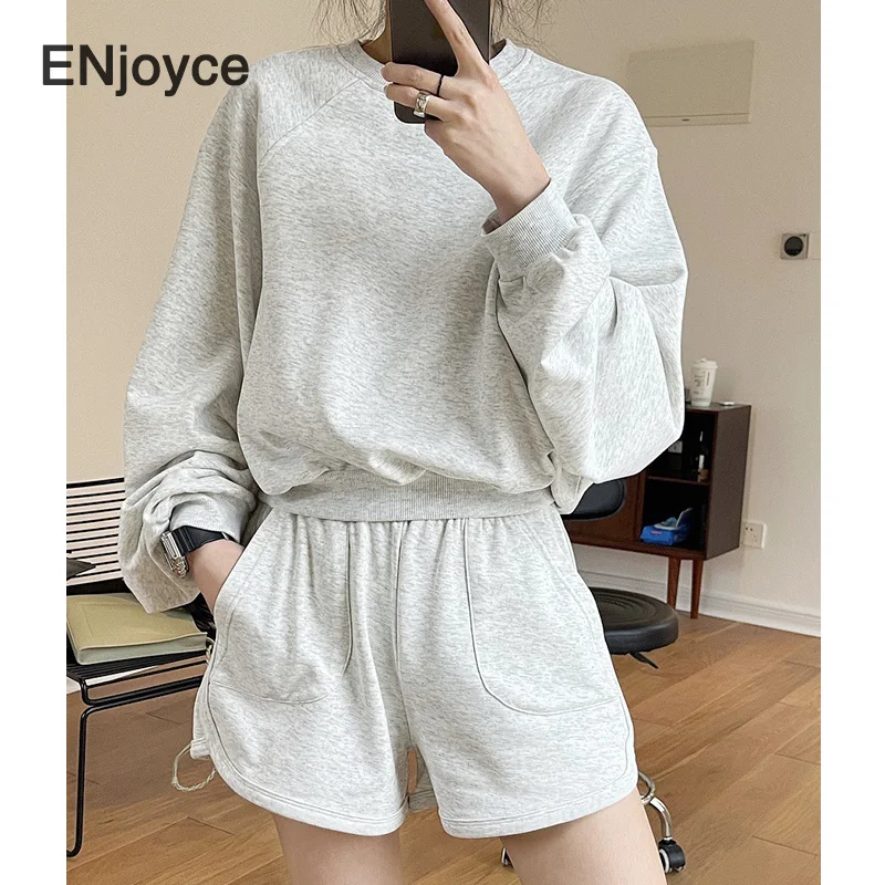 

Женский спортивный костюм из двух предметов, серый свитшот с длинным рукавом и шорты, Повседневный пуловер на весну и осень