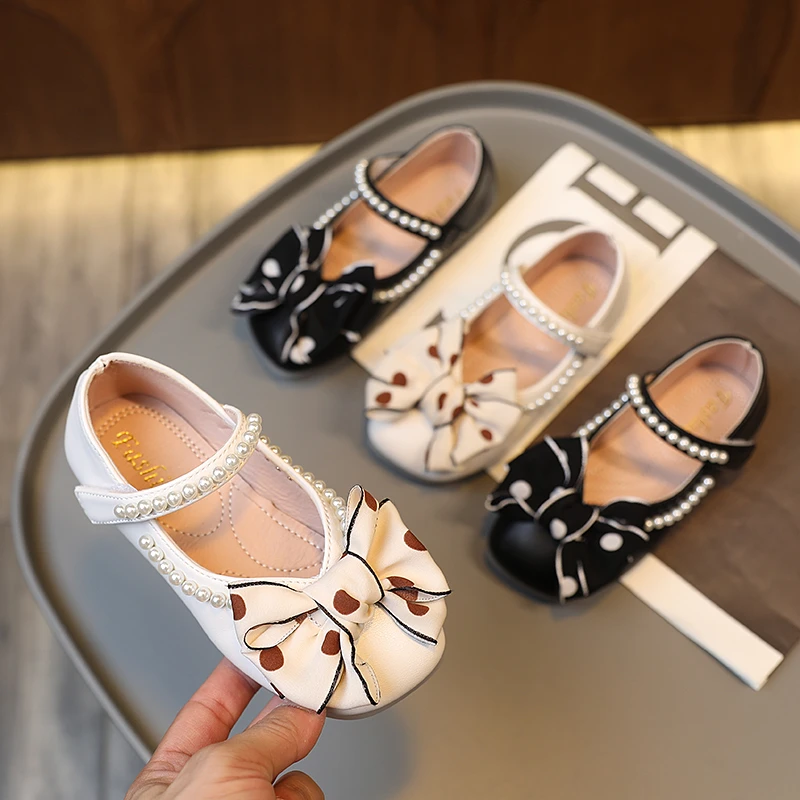 Toddler Girl's Princess Shoes Pearl Ribbon Light Elegant Children Mary Janes Black Beige Square Toe 23-36 Pu Leather Kids Flats enlarge