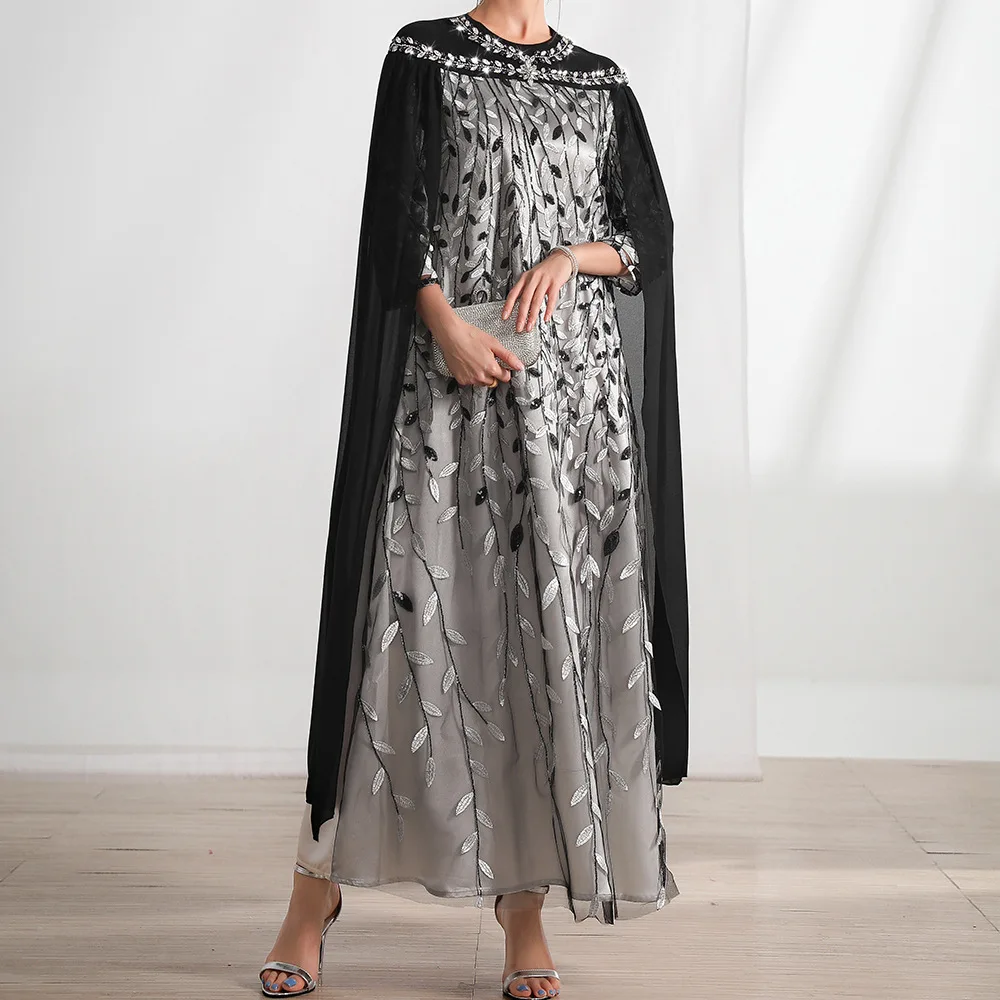 New black and white leaves, mesh embroidery, fashion cloak, fake two-piece dress, Dubai lady dress T510