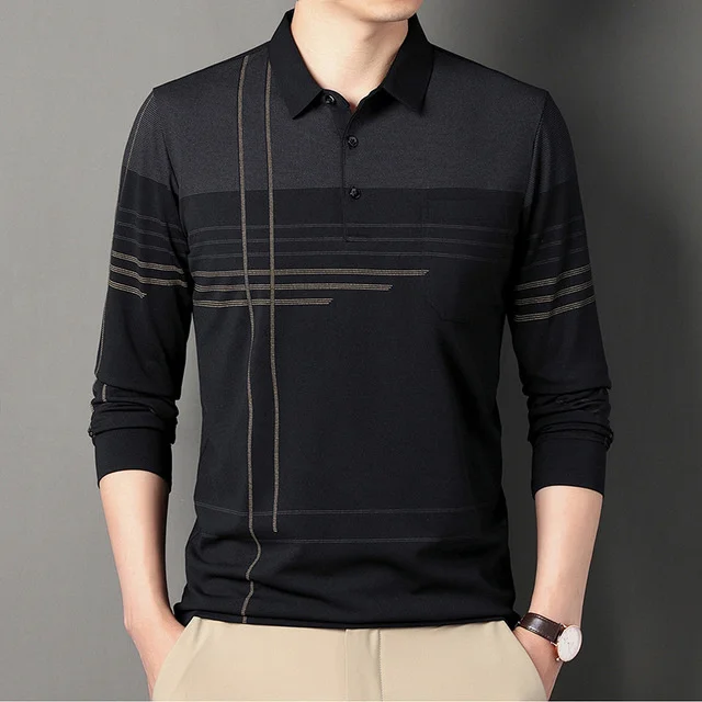 

New Men's Polo Long Sleeve Shirt Stripe Contrast Casual Pocket Tops Fashion Vintage Business Simple High Quality T-shirts Male