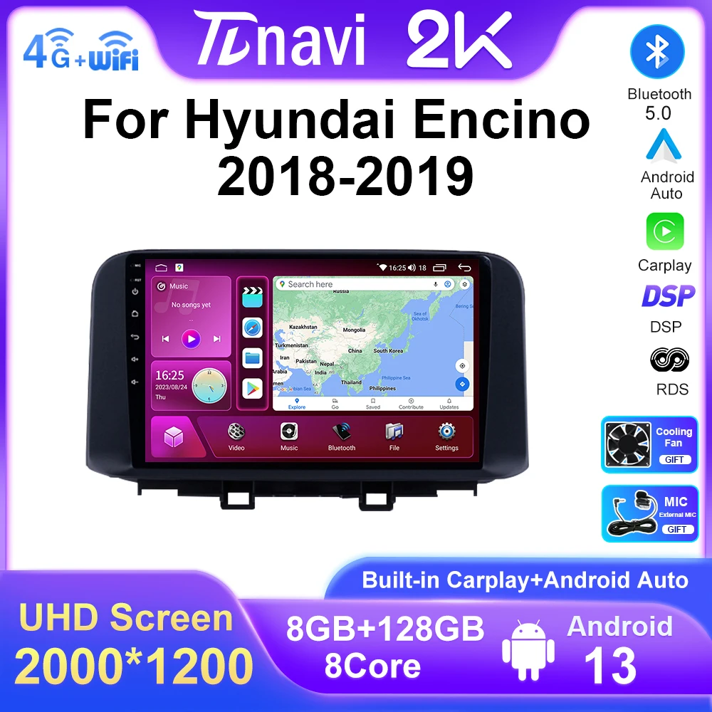

2K Screen Android 13 For Hyundai Kona Encino 2017 - 2019 Car Radio Stereo Multimedia Navigation GPS Wireless Carplay DSP DVD