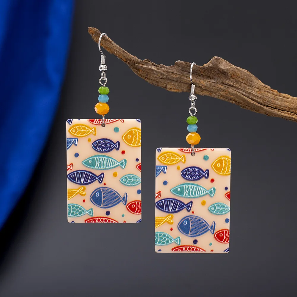 

Fashionable and Fresh Square Three-dimensional Printing Cartoon Cute Women's New Acrylic Multi-Color Group Fish Earrings