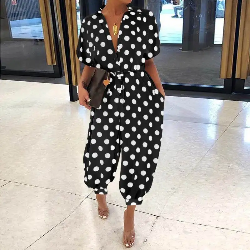 Fashion Overalls Women Solid Colors Casual Commute Jumpsuits Short Sleeve Polka Dot Rompers New Plus Size Summer 2021 Playsuits