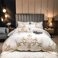 Luxury White Satin Cotton Bedding Set Queen King Size Gold Embroidery Solid Color Duvet Cover Bed Sheet Pillowcases Home Textile