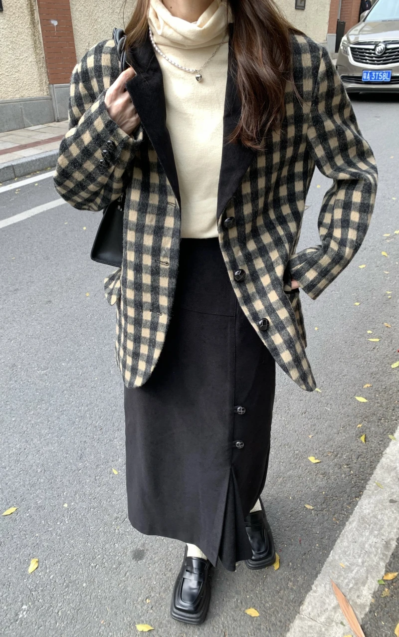 

GWW1214 2022's latest vintage plaid patchwork collar cotton padded wool suit coat