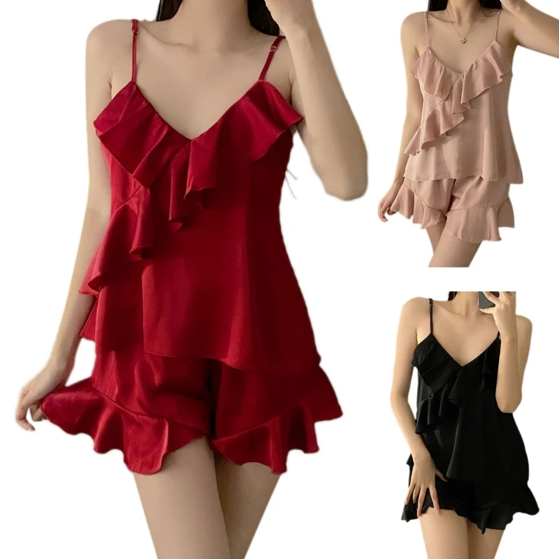 

Lotus Edge Pajamas Sexy Thin Solid Color Satins V-Neck Sleeveless 2-Pieces Suit