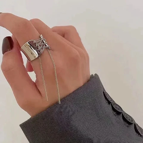 Женское Винтажное кольцо с кисточками, готическое Открытое кольцо с широкими краями и цепочкой в стиле хип-хоп, панк, геометрический дизайн