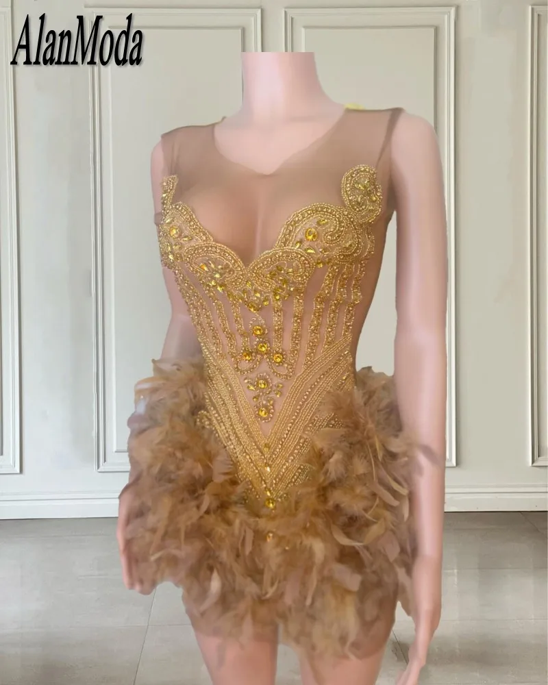 

Luxury Vestidos De Gala Sheer Neck Gold Short Prom Dresses Beading Crystal Fitted Birthday Dress For Women Feathers Party Gowns