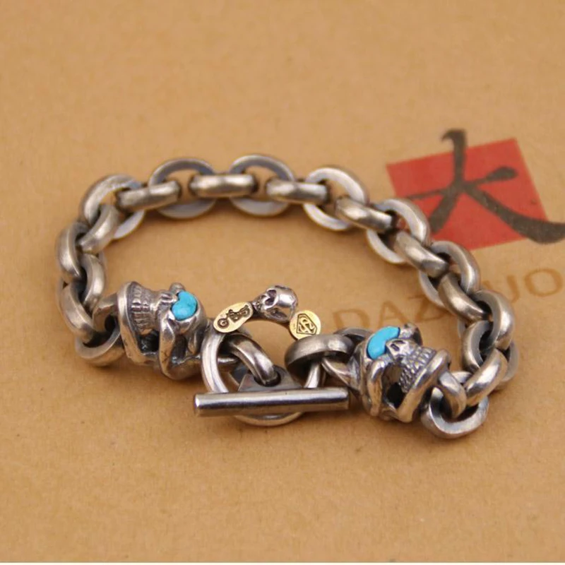 

Новый дизайн серебряные браслеты ручной работы с черепом толстое кольцо Ретро стиль модный мужской и женский браслет ювелирные изделия акс...