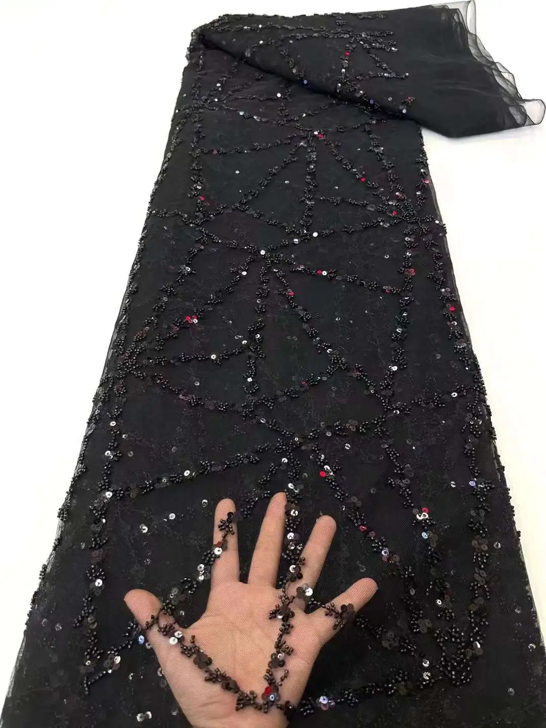 

Black Color Design Hot Selling African Beads MaterialLace Fabric 21JRB-8805 Embroidered Tulle Mesh for Party Dress or Decoration