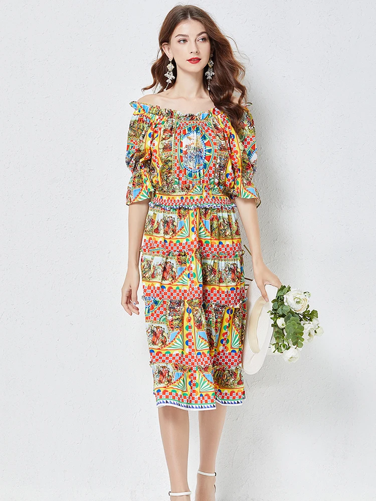 

Summer Fashion Runway Sicily Print Vintage Dress Women Designer Slash Neck Holiday Beach Vestidos 2022 Casual Female Clothing
