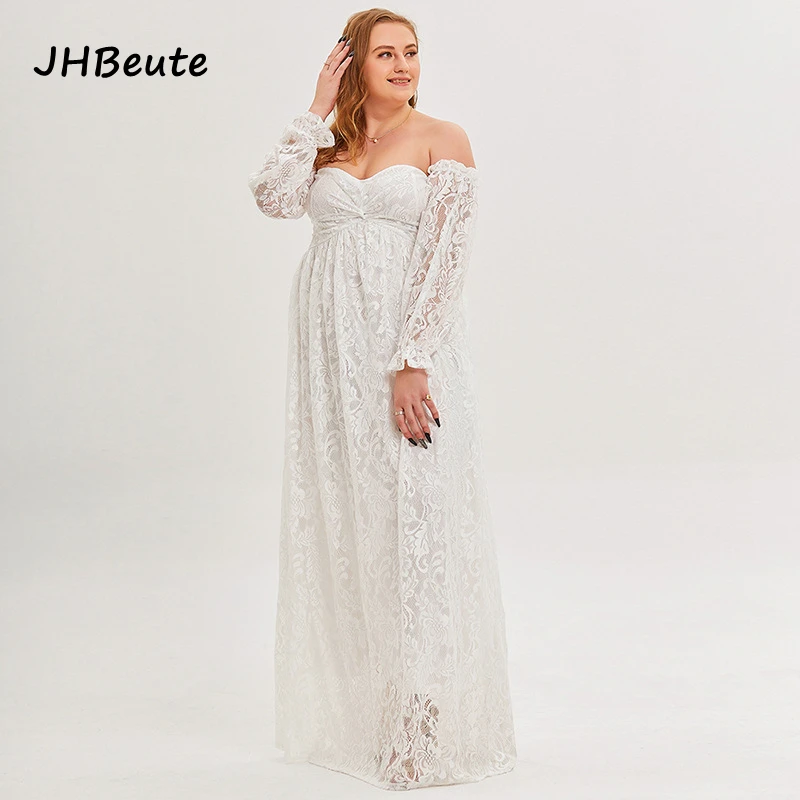 

2022 New Elegant One-word Neck Lace Evening Dress Sexy Tube Top Pure White Bridesmaid Bridal Dress Lace Embroidered Mesh Robe
