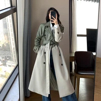 ladies windproof double breasted long loose windbreaker patchwork coat ladies windbreaker green leather spring and autumn lapel