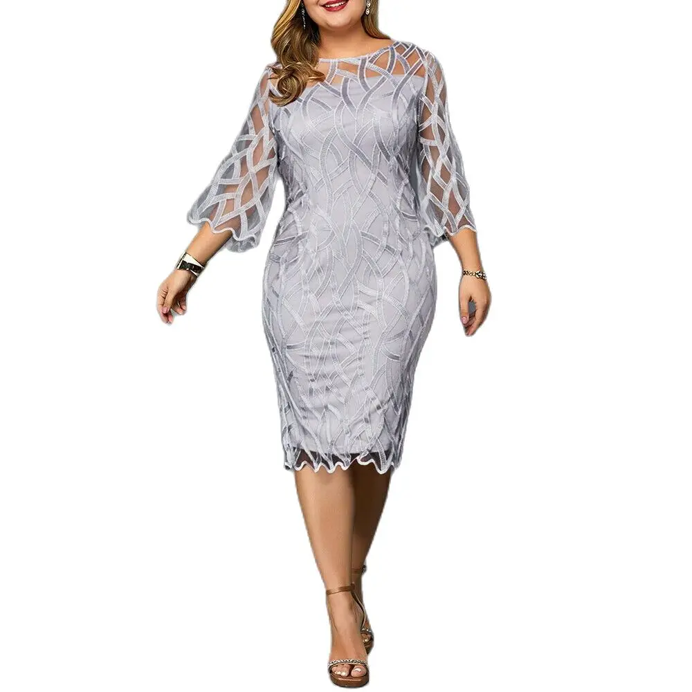 

Summer Women Lace Slim Dress Chic Elegant Party Ladies Tulle Half Sleeves luxurious texture Plus Size Round Neck Knee-Length