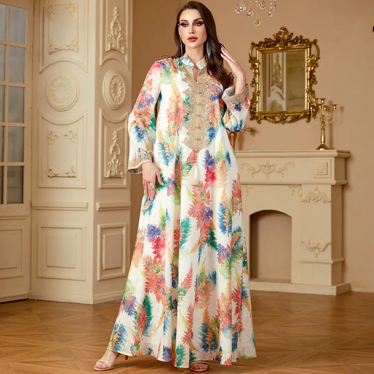 Рамадан Дубай мусульманские женщины с принтом абайи платья длинными рукавами