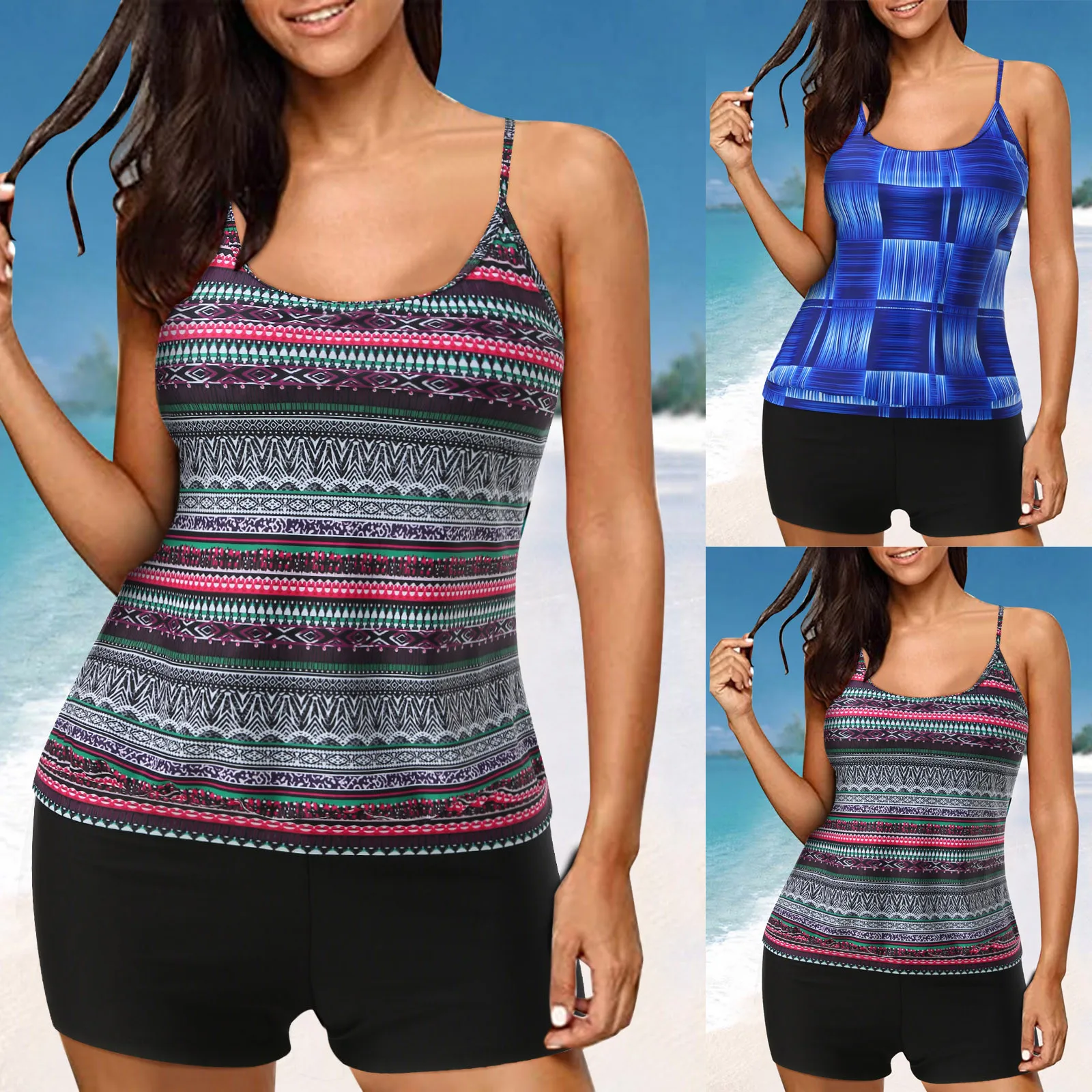 

Женские купальные костюмы-танкини в полоску с принтом и V-образным вырезом