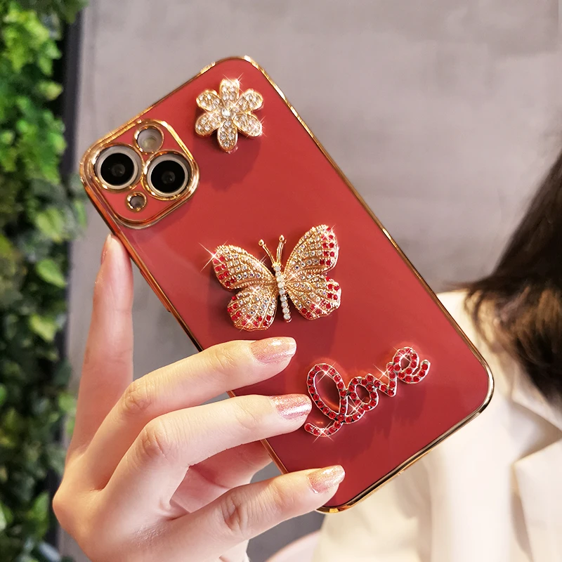 

Silicone Transparent Cover Case for IPhone 13 Pro English Butterfly Diamond Plating Shell Case for Iphone 13 Pro Max Phone Case