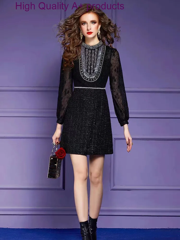 

Ladies Spring Long Sleeve Black Dress Women Party Elegant Luxury Beading Sexy Mini Vestidos 2023 Fashion New Female Clothes