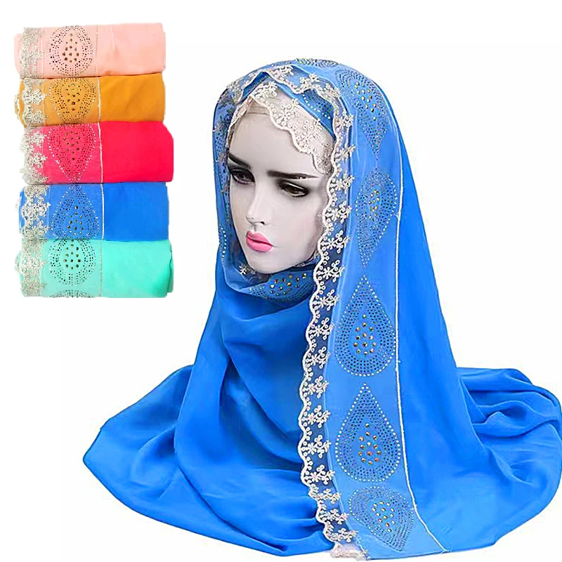 

Muslim Chiffon Rhinestone Party Hijab Turbans Long Scarf Pearl Fashion Elegant High Quality Party Dubai Wrapped Women Turban