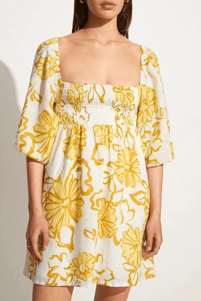 

Women Square Collar Half Sleeve Yellow Flower Print Loose Linen Dress