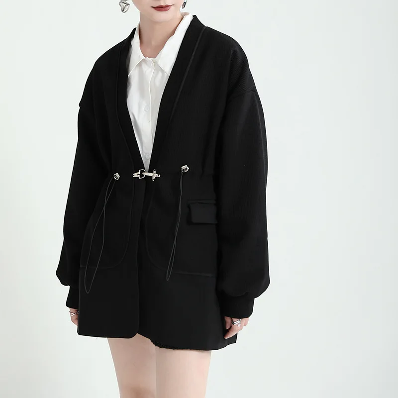 Fleece Coat Ladies Cloak Black Drawstring 2022 Winter Fashionable Simple Loose Streetwear Silhouette Jackets for Women Clothes
