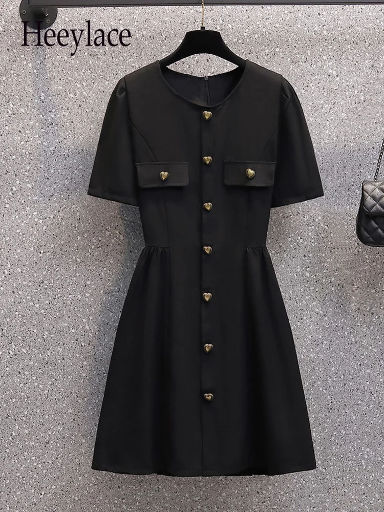 

Summer Dresses For Women O Neck Short Sleeve French Vinatge High Waist A-line Midi Dresses Korean Casual Black Vestido De Fiesta