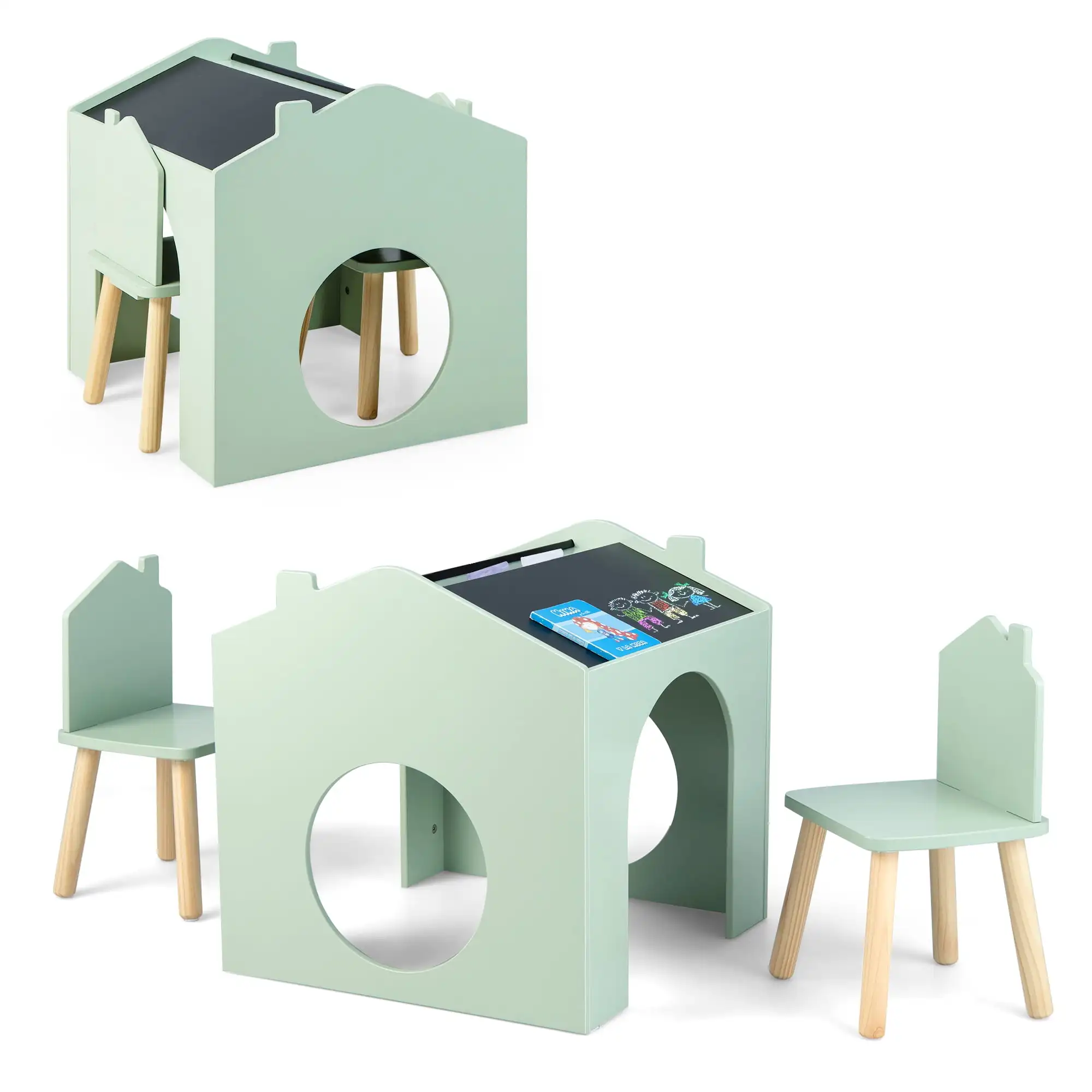 

Детский деревянный стол и стул Costway из 3 предметов с черной доской для рисования, чтения, зеленый