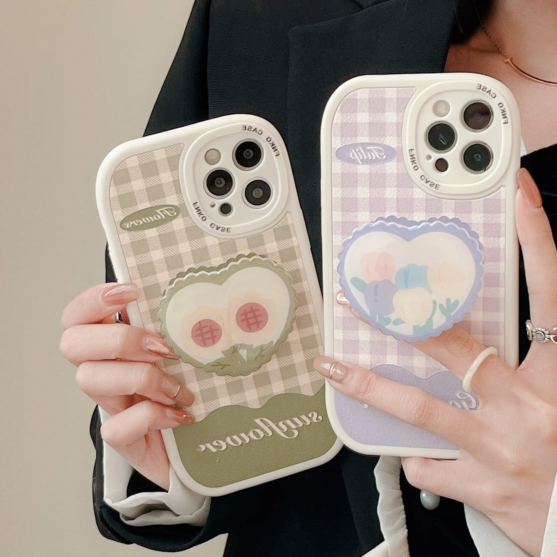 Cute Finger Grip Holder Phone Case For iPhone 11 Pro 12 13 Promax Mini Xr Xs Max 7 8 Girls Stand Socket Pink Green Korea