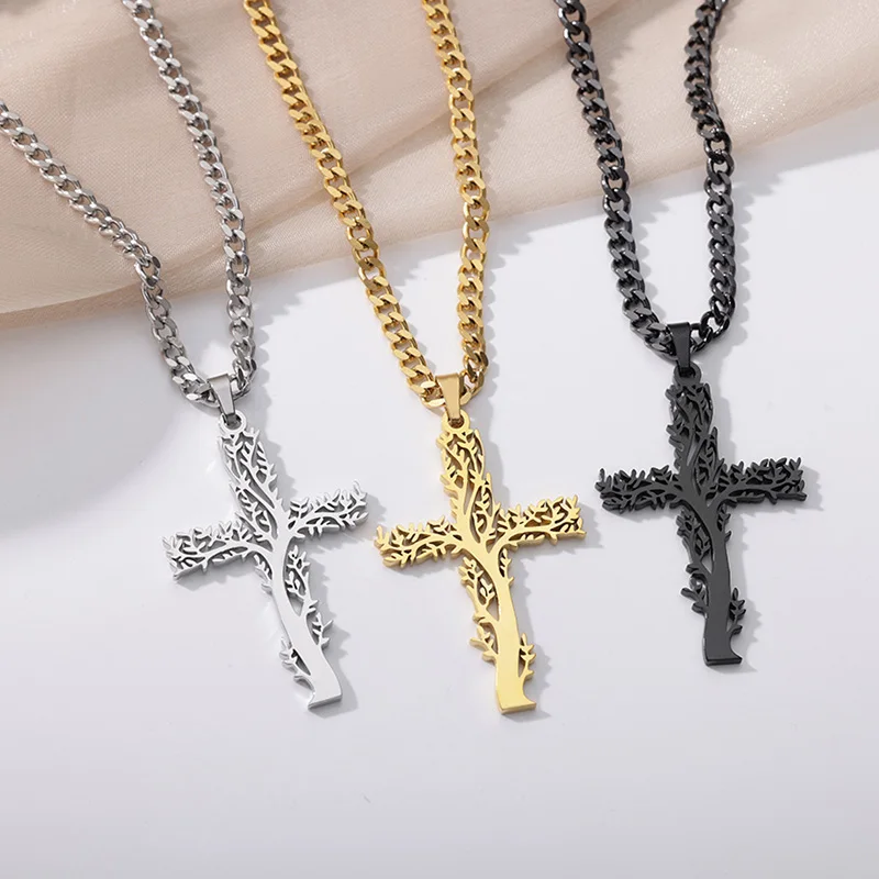 

Punk Tree Branch Hollow Cross Pendants Necklaces For Women Men Vintage Stainless Steel Necklaces Aesthetic Jewelry Gift