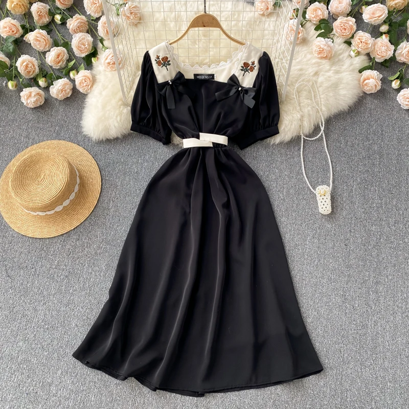 

Women New Bow Fashion Contrast Color Stitching Thin Black Dress Sweet Embroidered Summer 2022 Short Sleeve Elegant Vestidos E359