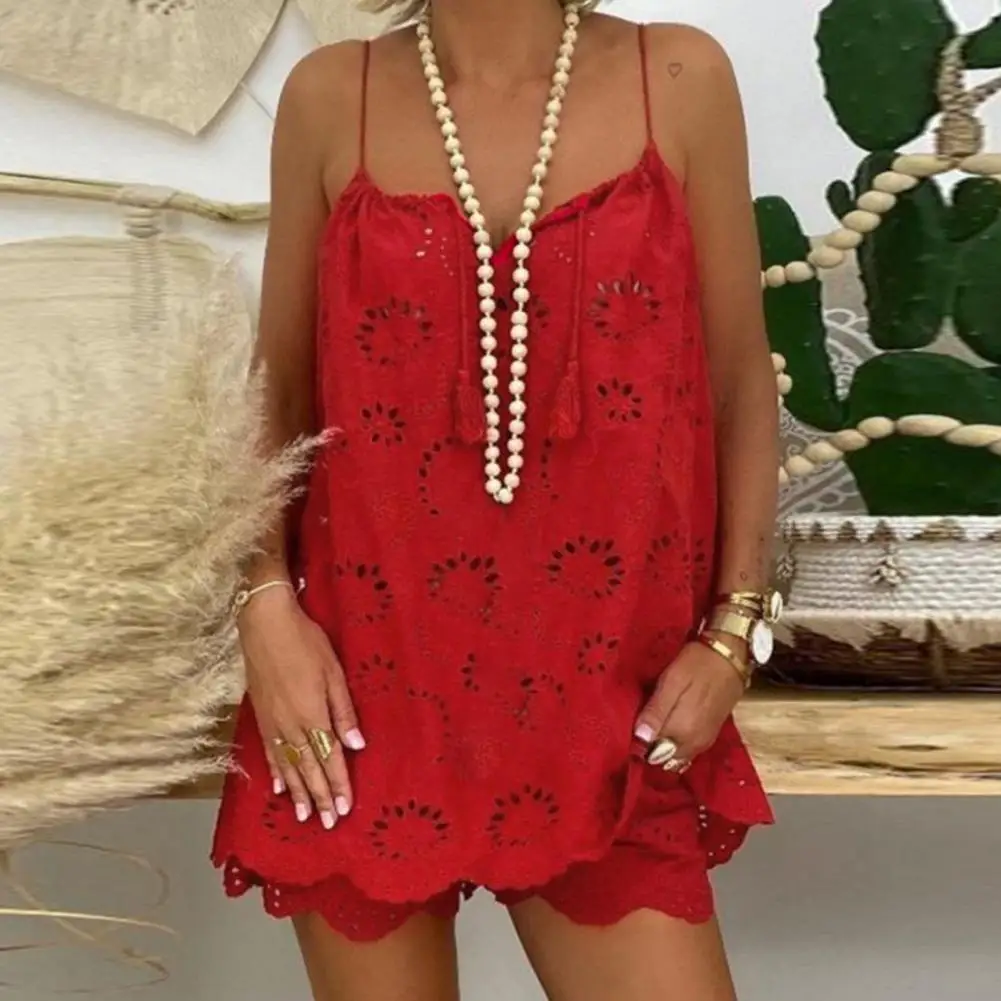

2 Pcs/Set Drawstring Tassel Outfit With Lining Embroidery Flower Pattern Hollow Out Lace Trim Sling Vest Top Wide Leg Shorts