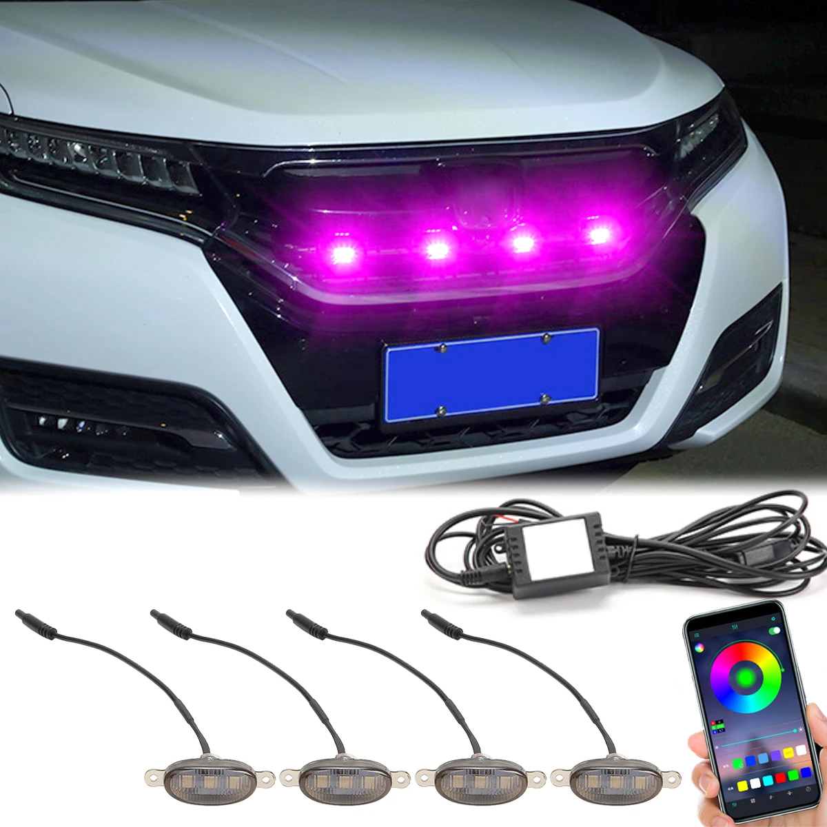 

RGB LED Rock Lights 4-In-1 Car Grilles Lights with APP Control 64 Colors 12V 6000K Car Front Grilles Lights