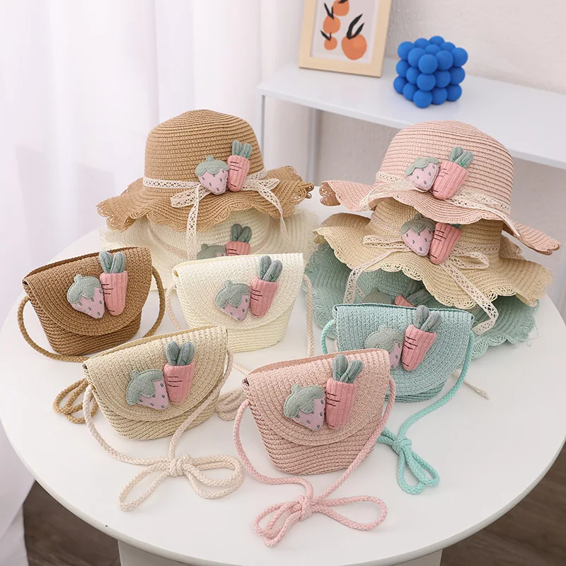 

Fashion Children Summer Sunscreen Sun Hat Cap Straw Hat Bag For Girls Kids Carrot Strawberry Hat Girl Cute Breathable Baby Hat