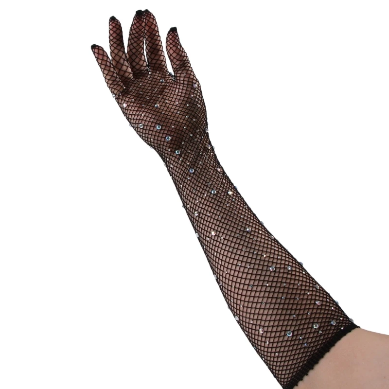 

H9ED 1 Pair Sexy Elastic Rhinestones Long Arm Sleeves Gloves Punk Accessories