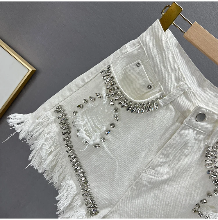 Fashion Raw Edge Balck Denim Shorts Women's 2023 Summer New High Waist Diamond Ripped Wide-Leg Short Pants Female Booty Shorts