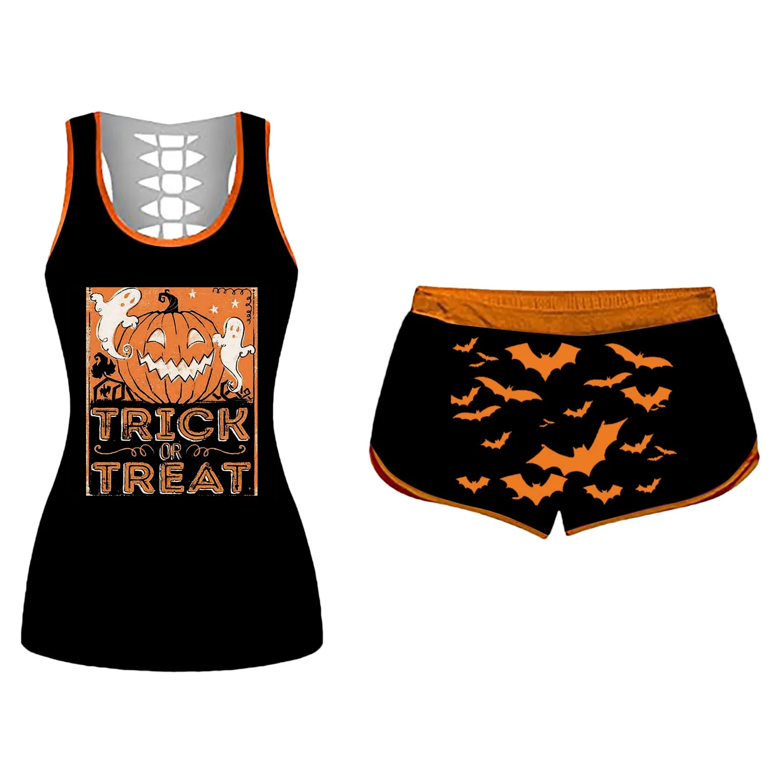 

2023 Women Halloween Graphic Print Racerback Cami Set Workout Sleeveless Tank Tops Two Piece Suit Homewear Shorts Suit Pumpkin