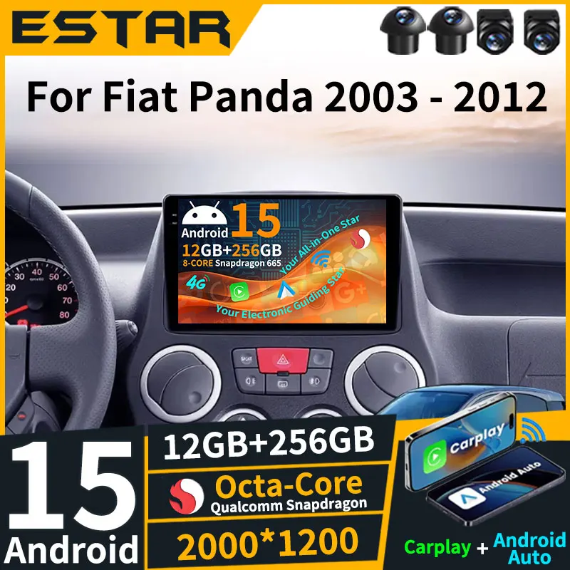 Фото Беспроводное автомобильное радио Carplay Auto Android 15 для Fiat Panda 169 2003-2012 BT 360 камера RDS мультимедийное стерео GPS QLED 4G LTE №1