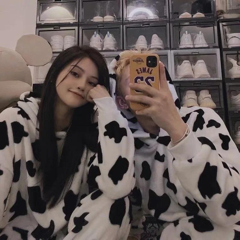 QWEEK Cow Print Coral Fleece Hooded Pajama Set Women Couple Pijama Winter Kawaii Sleepwear Female Negligee Pyjama Loungewear Pjs